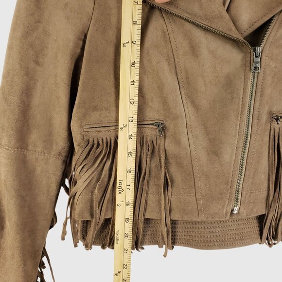 BCBGMAXAZRIA Tan Faux Suede Fringe Moto Jacket With Zipper Womens Size S - Picture 6 of 11